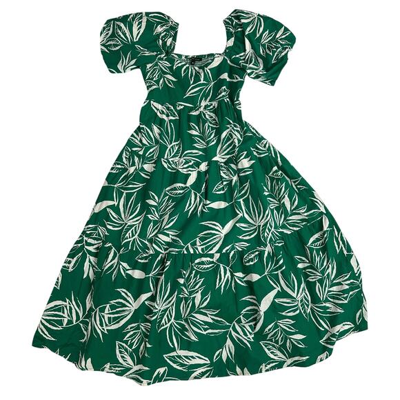 Meadow Rhodes Midi Dress Green & White Cotton Leaf Print A-line Puff Sleeve Med - Picture 3 of 9